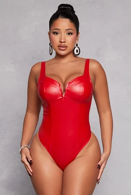 Womens Iris Leather Look Bustier Bodysuit, Red, Size M