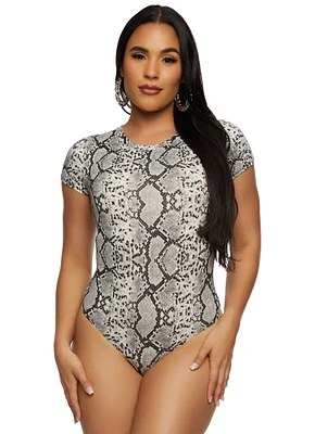 Womens Printed Crew Neck Bodysuit, Grey, Size S