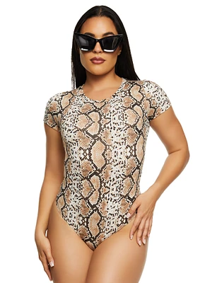 Womens Printed Crew Neck Bodysuit, Multi, Size S