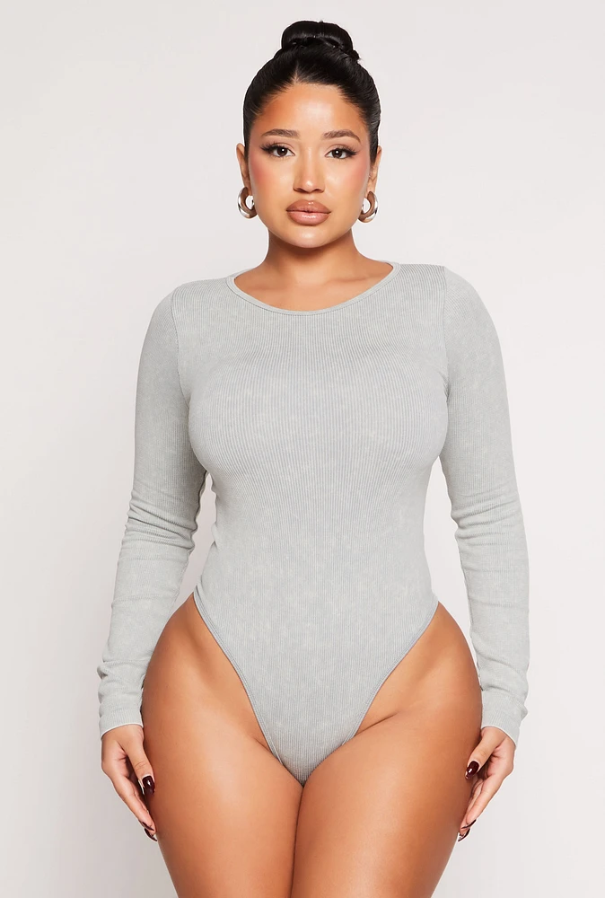 Womens Seamless Acid Wash Long Sleeve Bodysuit, Grey,