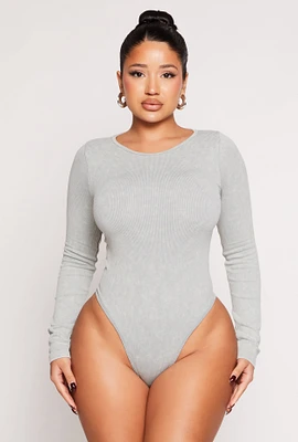 Womens Seamless Acid Wash Long Sleeve Bodysuit, Grey,