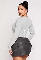 Womens Seamless Acid Wash Long Sleeve Bodysuit, Grey,