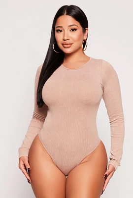 Womens Seamless Acid Wash Long Sleeve Bodysuit, Beige, Size S