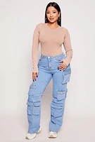 Womens Seamless Acid Wash Long Sleeve Bodysuit, Beige, Size S