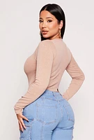 Womens Seamless Acid Wash Long Sleeve Bodysuit, Beige, Size S