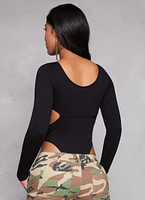 Womens Solid Cut Out Detail Long Sleeve Bodysuit, XL
