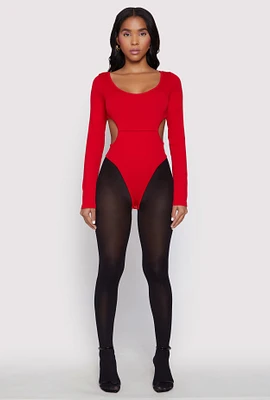 Womens Solid Cut Out Detail Long Sleeve Bodysuit, Red, Size L