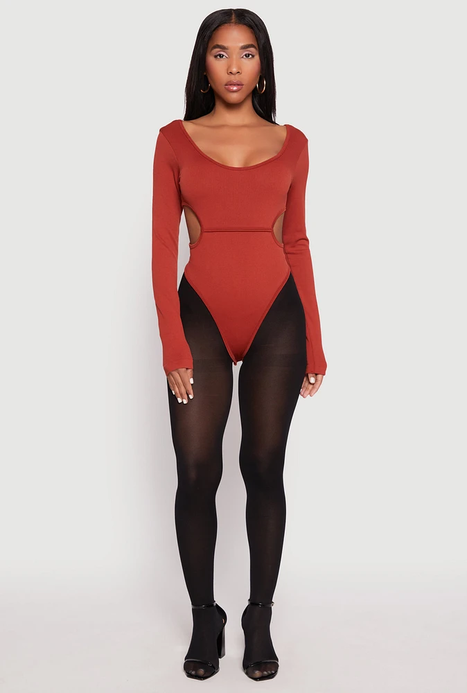 Womens Solid Cut Out Detail Long Sleeve Bodysuit,