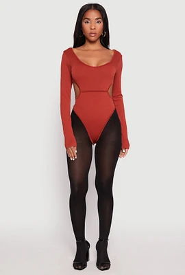 Womens Solid Cut Out Detail Long Sleeve Bodysuit,