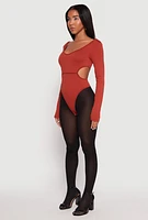 Womens Solid Cut Out Detail Long Sleeve Bodysuit, Brown, Size S