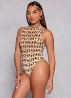 Womens Mesh Printed Velvet Burnout Sleeveless Bodysuit, Beige, Size M