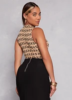 Womens Mesh Printed Velvet Burnout Sleeveless Bodysuit, Beige, Size M