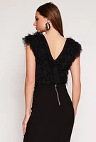 Womens Ruffled Tulle Bodysuit, Black, Size S