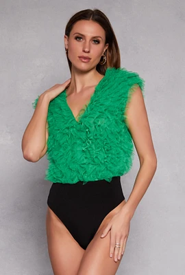 Womens Ruffled Tulle Bodysuit, Green,
