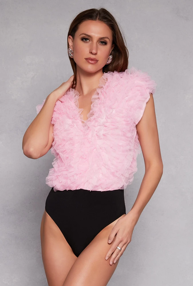 Womens Ruffled Tulle Bodysuit, Pink, Size S