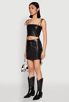 Womens Side Fringe Faux Leather Mini Skirt, Black, Size M
