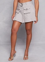 Womens Belted Cargo Pleated Mini Skirt, Grey, Size L