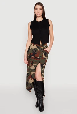 Womens Asymmetrical Front Slit Camo Cargo Skirt, Green, Size S