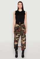 Womens Asymmetrical Front Slit Camo Cargo Skirt, Green, Size XL