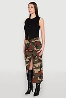 Womens Asymmetrical Front Slit Camo Cargo Skirt, Green, Size XL