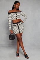 Womens Textured Knit Striped Faux Button Mini Skirt, Multi, Size L