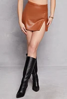 Womens Haute Monde Faux Leather Side Slit Mini Skort, Brown, Size M