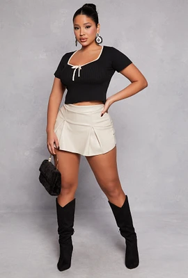 Womens Haute Monde Faux Leather Pleated Skort, Khaki,