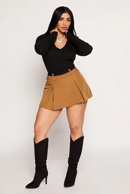 Womens Iris Contrast Waistband Pleated Mini Skirt, Khaki, Size M