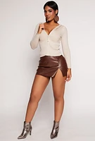 Womens Iris Faux Leather Side Slit Mini Skort, Brown, Size M