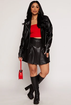 Womens Faux Leather High Waist Pleated Mini Skirt, Black, Size S