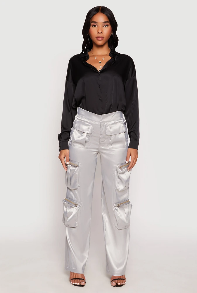 Womens Satin Zip Cargo Pants, S