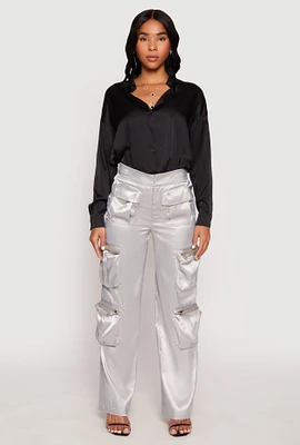 Womens Satin Zip Cargo Pants, S
