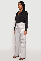 Womens Satin Zip Cargo Pants, Grey, Size M