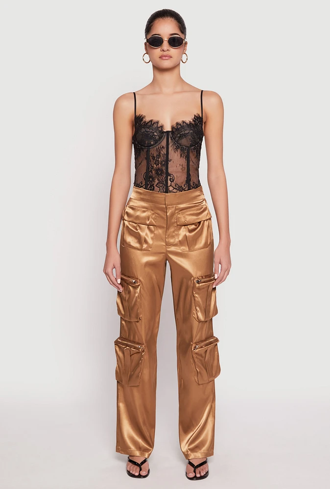 Womens Satin Zip Cargo Pants, Khaki,