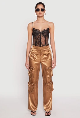 Womens Satin Zip Cargo Pants, Khaki,