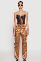 Womens Satin Zip Cargo Pants, Khaki,