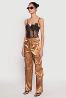 Womens Satin Zip Cargo Pants, Khaki,