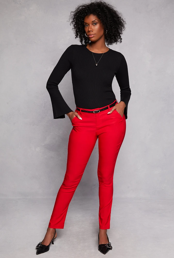 Womens Belted Hyperstretch Dress Pants, Red, Size M