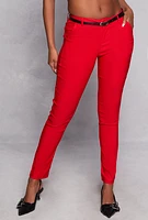 Womens Belted Hyperstretch Dress Pants, Red, Size M