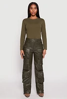 Womens Faux Leather Cargo Pocket Pants, Green, Size S