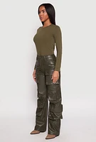 Womens Faux Leather Cargo Pocket Pants, Green, Size S