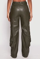 Womens Faux Leather Cargo Pocket Pants, Green, Size S