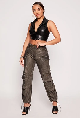Womens Vintage Faux Leather Cargo Pants, Grey, Size M