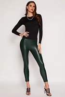 Womens Faux Leather Pintuck Leggings, Green, Size L