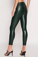 Womens Faux Leather Pintuck Leggings, Green, Size L