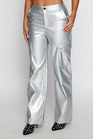 Womens Haute Monde Faux Leather Cargo Pants, Silver, Size M