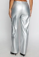 Womens Haute Monde Faux Leather Cargo Pants, Silver, Size M