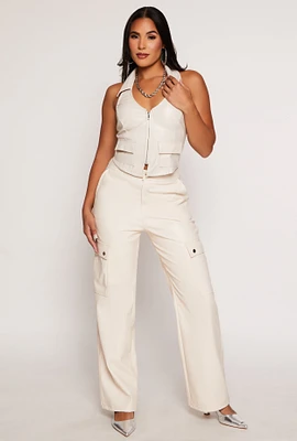 Womens Haute Monde Faux Leather Cargo Pants, White, Size M