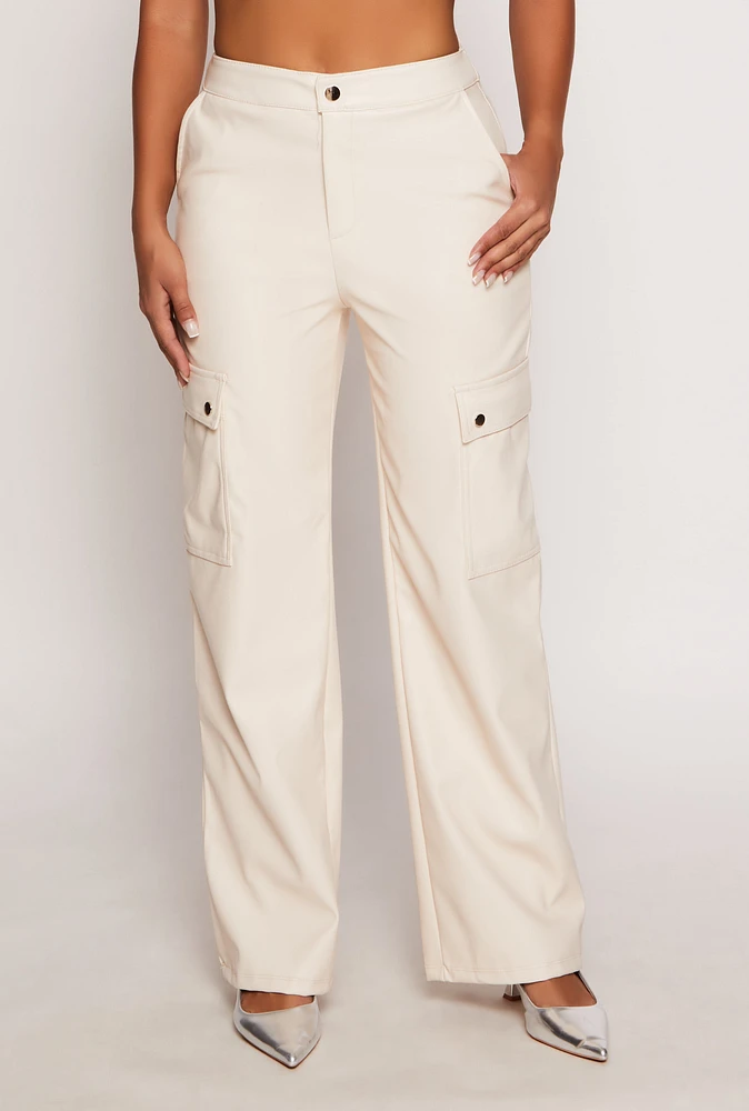 Womens Haute Monde Faux Leather Cargo Pants, White, Size M