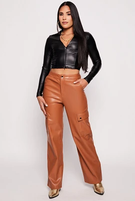 Womens Haute Monde Faux Leather Cargo Pants, Brown, Size S